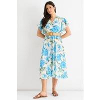 Gini London Women's Blue Floral Print Angel Sleeves Belted Wrap Midi Dress | Size: Medium/Large