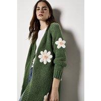Apricot Women's 3D Daisy Chunky Knit Cardigan in Green | Size: 8