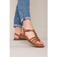 Moshulu Women's 'Wasabi' Strappy Leather T-bar Sandals in Tan | Size: 3