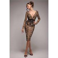 Goddiva Women's Geometric Sequin Plunge Midi in Black | Size: 18