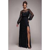 Goddiva Women's Lace Long Sleeve Shirred Waist Maxi Dress in Black | Size: 10
