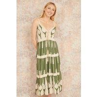 Yumi Women's Green Viscose Paisley Print Lace Trim Midi Sun Dress | Size: 14