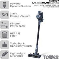 Tower T513007 VL25 Pet Anti-Tangle Corded Stick Vacuum Cleaner with Cyclonic Suction, HEPA Filter, 1L Capacity, 6m Power Cable, 600W, Black & Silver
