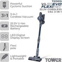 Tower T513015 VL50 Pro Performance 3-in-1 Cordless Vacuum Cleaner w/ Cyclonic Suction, 1L Capacity, Turbo Pet & Upholstery Brush, 22.2V, 150W, Purple