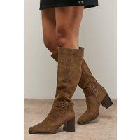 Oasis Women's Tabitha Faux Suede Buckle Detail Square Toe High Block Heel Boot in Taupe | Size: 3