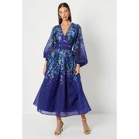 Coast Women's Organza Floral Placement Lace Trim Midaxi Dress in Navy | Size: 16