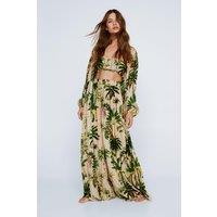 NastyGal Women's Crinkle Palm Tree Bandeau & Maxi Kimono 3pc Pants Set in Nude | Size: 12