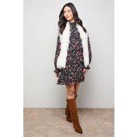 Oasis Women's Printed Chiffon Lace Detail Tiered Long Sleeve Mini Dress in Black | Size: 8