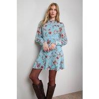 Oasis Women's Printed Lace Trim Long Sleeve Flippy Mini Dress in Blue | Size: 10