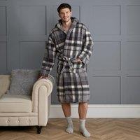 OHS Women's Teddy Dressing Gown Tartan Check Plush Soft Hooded Cosy Loungewear Robe in Charcoal