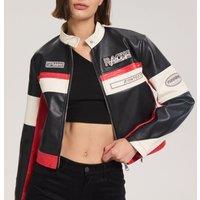 OUTTA BOX Women's A/W Women Embroidered Black, White & Red Color Blocking PU Leather Biker Jacket | Size: 10