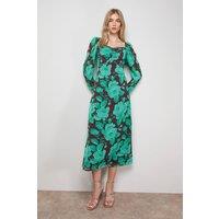 Oasis Women's Printed Chiffon Shoulder Detail Shirred Back Midi Dress in Green | Size: 10