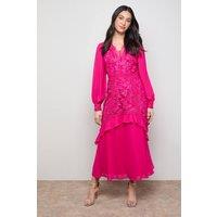 Oasis Women's Lace Puff Sleeve V Neck Midaxi Dress in Fuchsia | Size: 16