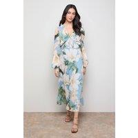 Oasis Women's Printed Pleated Bodice Detail Midi Dress in Blue | Size: 8