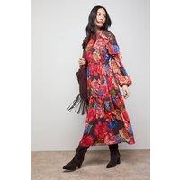 Oasis Women's Printed Chiffon Cape Detail Belted Waist Midi Dress in Red | Size: 8