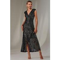 Jolie Moi Women's Sequin Ruffle Hem Maxi Dress in Metallic Silver | Size: 8