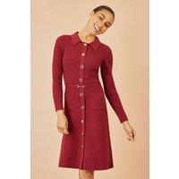 Yumi Women's Burgundy Rib Knit Midi Shirt Dress With Snaffle Belt | Size: Medium