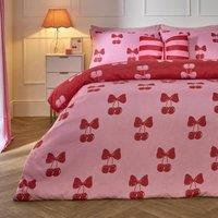 OHS Cherry Bow Microfibre Reversible Duvet Cover Set with Pillowcase in Pink | Size: Double