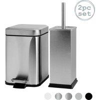 Harbour Housewares 3L Square Bathroom Bin & Brush Set - Slim Stainless Steel Bathroom Set in Metallic Silver