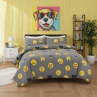 Snug City Emoji Print Duvet Cover Set Cool Playful Bedding with Pillowcases in Grey | Size: Single