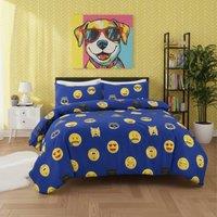 Snug City Emoji Print Duvet Cover Set Cool Playful Bedding with Pillowcases in Blue | Size: Super King