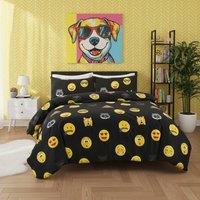 Snug City Emoji Print Duvet Cover Set Cool Playful Bedding with Pillowcases in Black | Size: Super King