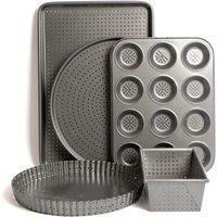 MasterClass 5pc Crusty Bake Non-Stick Bakeware Set with Quiche Tin, Pizza Crisper, 2lb Loaf Pan, Baking Tray & 12-Hole Pan in Grey