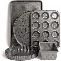 MasterClass 5pc Crusty Bake Non-Stick Bakeware Set w/ 25cm Quiche Tin, 32cm Pizza Crisper, 12-Hole Yorkshire Pudding Tray, 2lb Loaf Pan & 32cm Baking