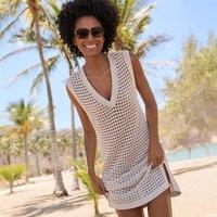 Lands' End Women's Open Knit V-Neck Swim Cover Up Dress in Light Tan | Size: 10-12