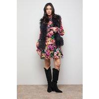 Oasis Women's Printed Chiffon Lace Detail Tiered Long Sleeve Mini Dress | Size: 12