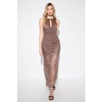 MissPap Women's Ruched keyhole front mesh maxi dress in Mocha | Size: 8
