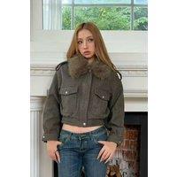 OUTTA BOX Women's Patchwork Teddy Collar Wool-Blend Jacket with Structured Pockets in Green | Size: Small