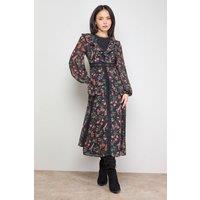 Oasis Women's Petite Chiffon Printed Lace Trim Detail Ruffle Midi Dress in Black | Size: 12