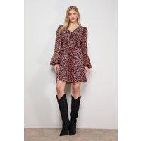 Oasis Women's Printed Pleated Skirt Long Sleeve Mini Dress in Animal | Size: 16
