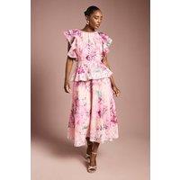 Coast Women's Lace Trim Printed Ruffle Midi Dress in Blush | Size: 10