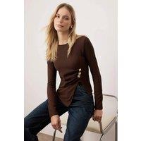 WOVCOR Women's Asymmetric Knit Blouse With Gold Button Detail in Brown | Size: XL