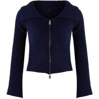 WOVCOR Women's Ribbed Knit Cardigan With Fold Collar & Zip Front in Navy | Size: S/M