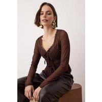 WOVCOR Women's Sheer Mesh Ruched Lace Detail Blouse in Brown | Size: 8