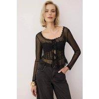 WOVCOR Women's Sheer Mesh Ruched Lace Detail Blouse in Black | Size: 10