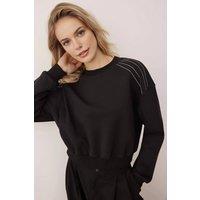 WOVCOR Women's Crew Neck Knit Sweatshirt with Stone Detail in Black | Size: Medium
