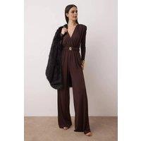 WOVCOR Women's V Neck Long Sleeve Belted Wide Leg Jumpsuit in Brown | Size: 8