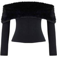 WOVCOR Women's Faux Fur Bardot Neck Long Sleeve Knit Blouse in Black | Size: 8