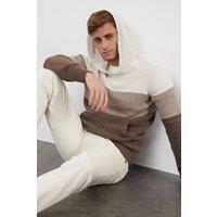 WOVCOR Men's Colour Block Hooded Knit Jumper in Ecru | Size: Medium