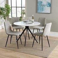 Core Products Aspen White Round Dining Table with 4 Stitch Fabric Chairs - Set in Light Grey