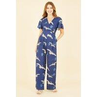 Yumi Women's Navy Crane Print Angel Sleeve Jumpsuit | Size: 10