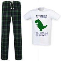 60 SECOND MAKEOVER Men's Lazy Dinosaur Tartan Pyjama Set in Green | Size: 2XL