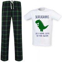 60 SECOND MAKEOVER Men's Skatersaurus Skater Dinosaur Tartan Pyjama Set in Green | Size: XS