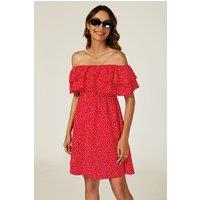 FS Collection Women's Floral Print Bardot Frill Mini Dress in Red | Size: Large