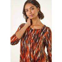 Roman Women's Abstract Print Hanky Hem Stretch Top in Orange | Size: 16