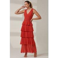 Jolie Moi Women's Plain Tiered Mesh Maxi Dress in Orange | Size: 12